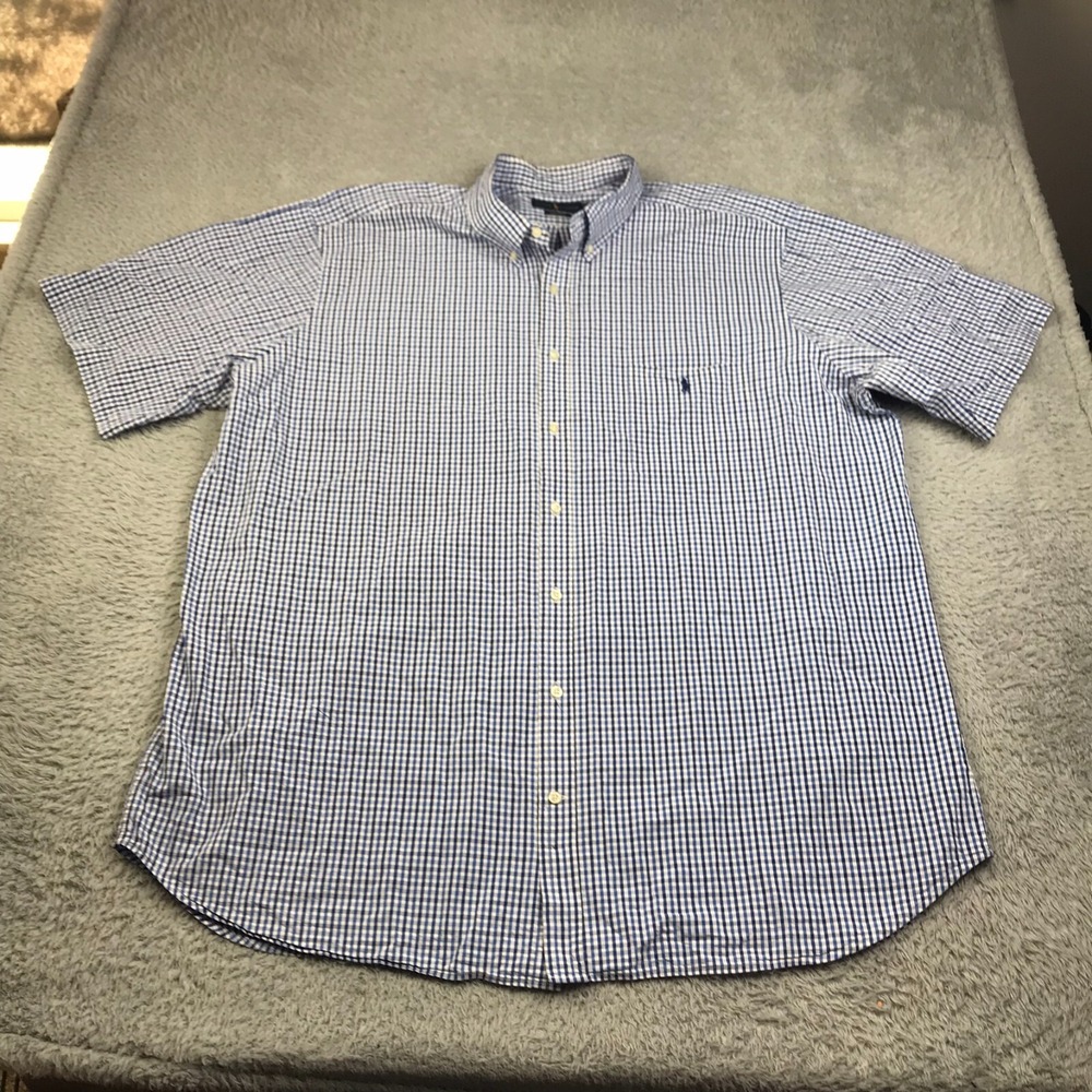 Ralph Lauren Shirt Men 3XLT Blue Plaid Seersucker Cotton Short Sleeve
